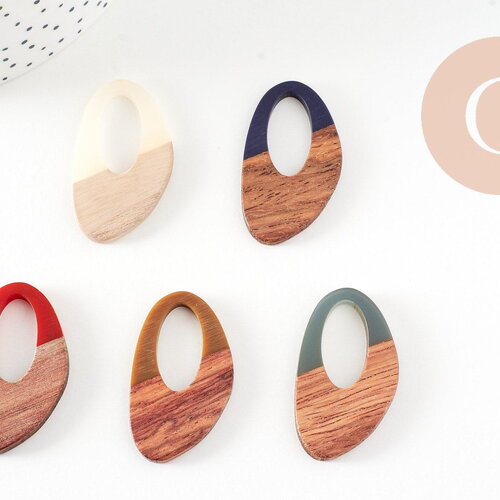 Pendentif ovale bois résine , perle bois naturel, perle géométrique,perle création bijoux bois,39mm,x5 g3783