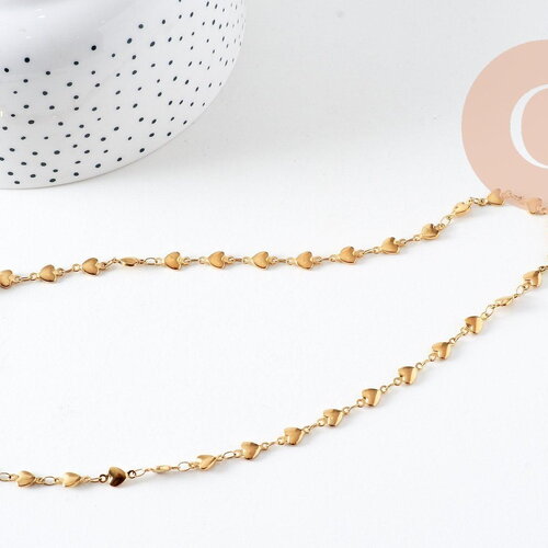 Collier chaine complète coeurs acier 304 inoxydable dorée 14k ip 2mm/45.5cm, x1 (g6775)