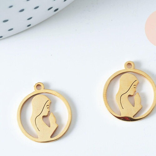 Pendentif baptême vierge marie acier 201 inoxydable dore 17.5mm, x1 (g6344)