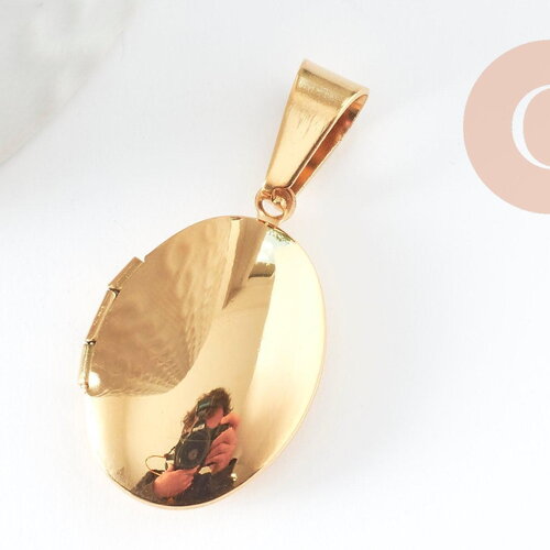 Pendentif locket ovale acier 316 inoxydable doré ip 18k 24mm, x1 (g9466)