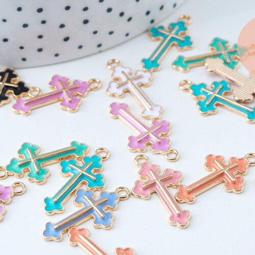 Pendentif croix zamac doré émail multicolore 25mm, x5 (g6089)
