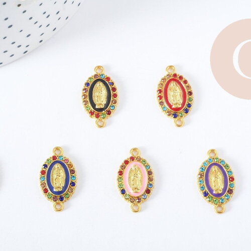 Connecteur vierge marie ovale zamac doré émail strass multicolore 24mm x1 (g8887)