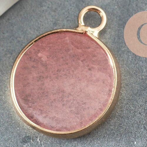 Pendentif rond jade rose naturel laiton doré 20.5mm, x1 (g4288)