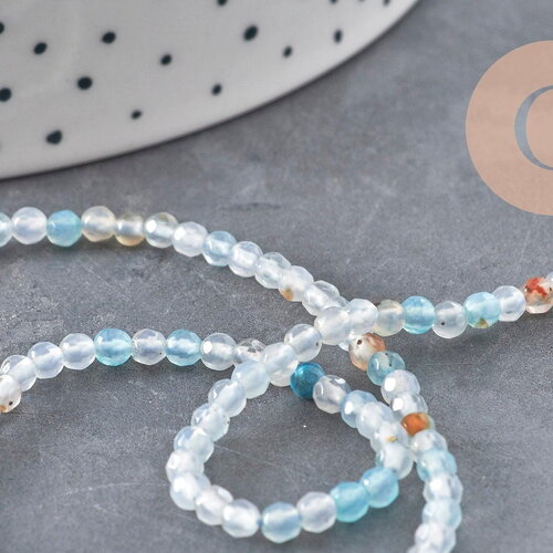 Perles agate naturelle bleu ciel facettées 3mm, x1 fil de 38cm (g11094)