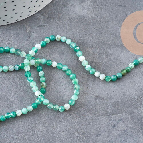 Perles agate rayée naturelle vert facettées 4mm, x1 fil de 38cm (g11093)