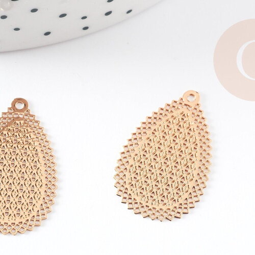 Pendentif estampe filigrane goutte géométrique laiton doré 26mm, pendentif très fin et léger pour création de bijoux diy x2 (g9203)