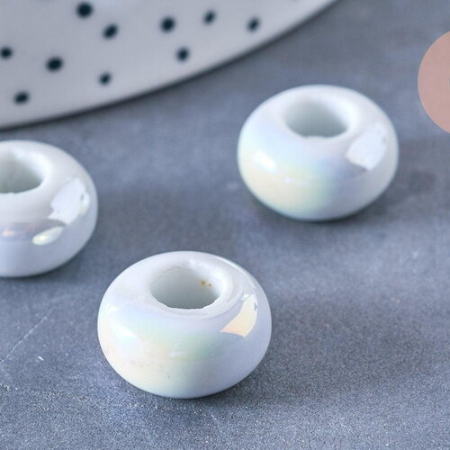 Perle porcelaine blanche irisé donut 15-16mm, perle céramique, céramique blanche, x10 (g3311)