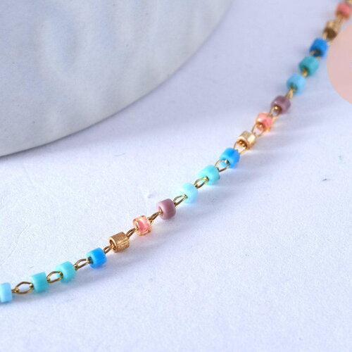 Collier chaine complète acier doré perles rocaille multicolores artisanales, création collier acier inoxydable doré,40.7cm, x1 g5407