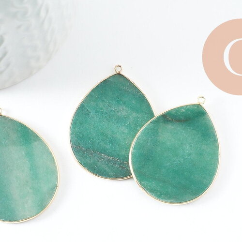 Pendentif goutte aventurine verte naturelle laiton doré 44mm, x1 (g9837)