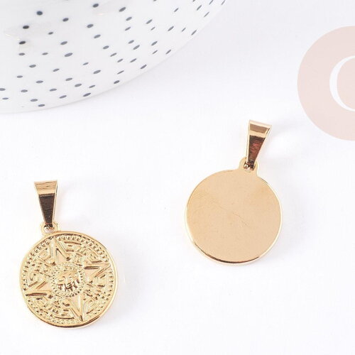 Pendentif médaille ronde rose des vents acier 304 inoxydable doré ,23.4mm, pendentif doré sans nickel,acier doré, création bijoux,x1 (g2637)