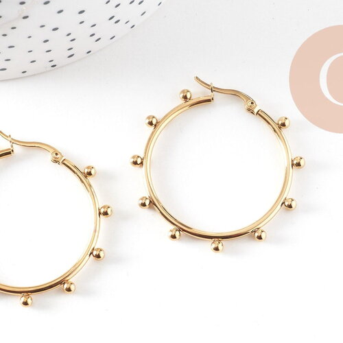 Créoles acier doré boules, bijoux doré,oreille percée,sans nickel, boucles acier, 42.5mm la paire (g4215)