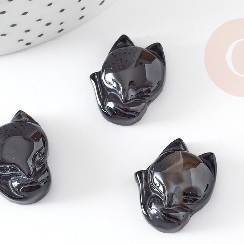 Pendentif renard agate noire naturelle en pierre ,23mm, x1 (g4574)