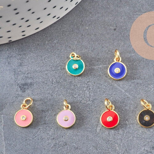 Pendentif rond laiton doré 18k émaillé et zircon 10mm, x1 (g3474)