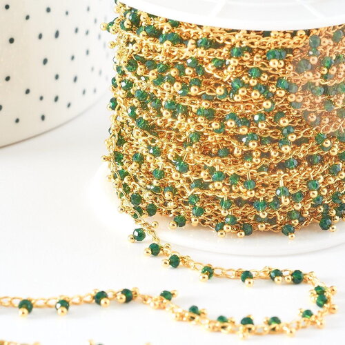 Chaine dorée perle cristal vert foncé, chaine collier,création bijoux ,chaine lunettes,chaine fantaisie 2.5x2mm, x1 mètre g5443