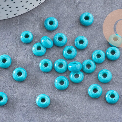 Perle rondelle donut verre opaque turquoise 3-5x9mm, x 20 (g4393)