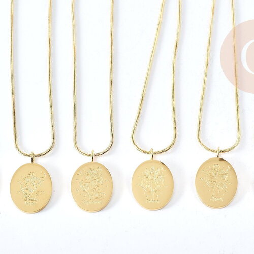 Collier médaille gravée ovale signe astrologique acier 304 inoxydable doré 30x20mm, x1 (g7648)