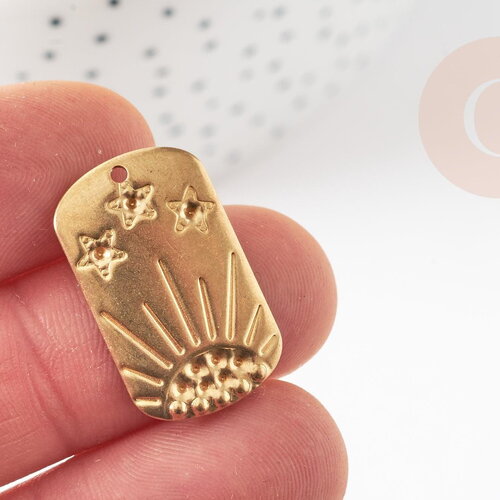 Pendentif rectangle soleil étoile laiton brut 25mm, x2 (g9706)