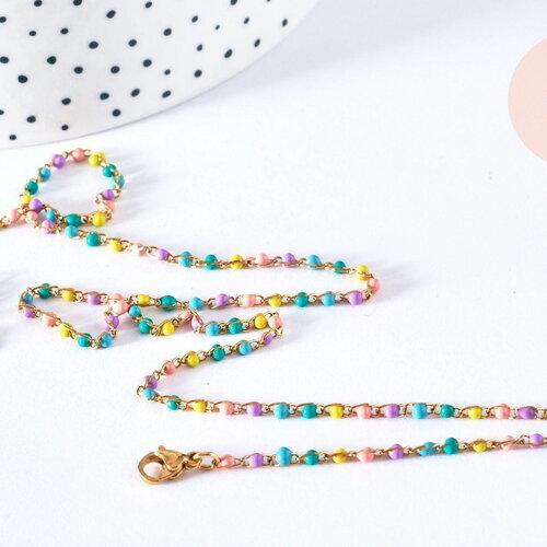 Bracelet ou collier acier 304 inoxydable doré 14k résine multicolore 2-3mm/19cm, x1 (g3774)