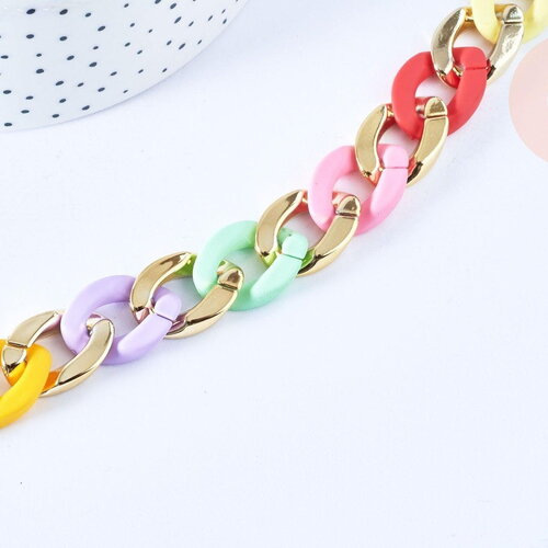 Grosse chaine acrylique multicolore pastel et plastique doré,perle acétate, création bijoux,chaine plastique,23x16.5mm, x1 mètre (g4963)