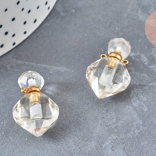 Pendentif bouteille parfum cristal de roche naturel laiton doré 27mm, x1 (g6736)