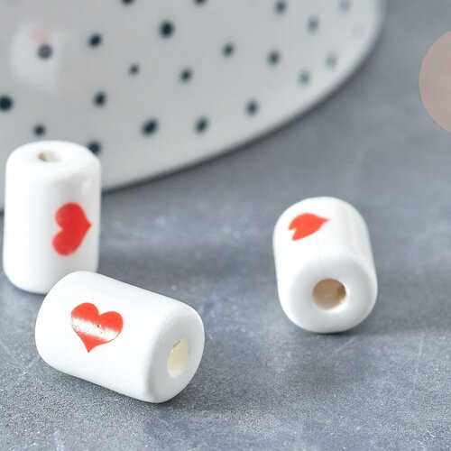Perle porcelaine tube blanc cœur rouge 12.5x8.5mm, x10 (g7986)