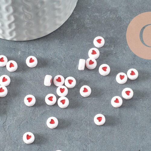 Perle disque coeur rouge plastique blanc 7mm, x10 grammes (g1786)