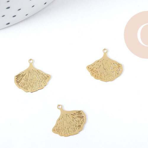 Pendentif estampe filigrane feuille gingko acier doré 201 inoxydable 14.5mm, x2, (g8934)