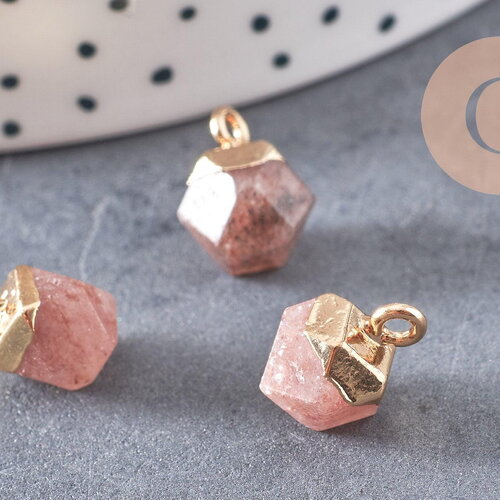 Pendentif hexagone quartz fraise,pendentif bijoux,pendentif pierre,quartz fraise naturel,pendentif quartz fraise,11mm, x1,g3157