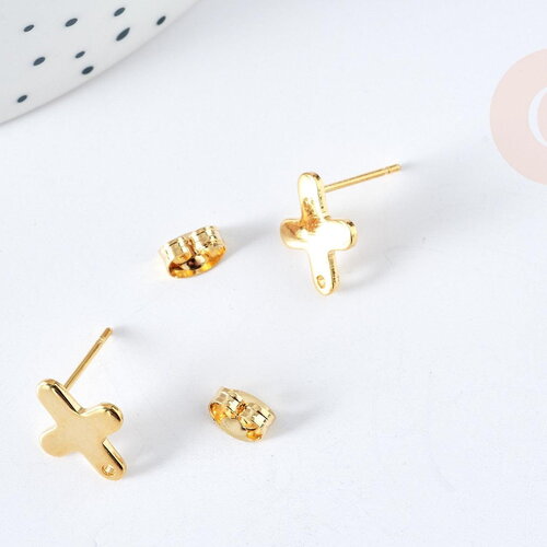 Boucles puces croix acier 201 dorées 12mm, la paire (g8477)