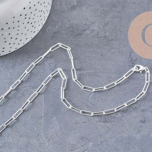 Collier chaine maille rectangle laiton argentée complète avec fermoir 12x3.5mm, x1 (g3171)