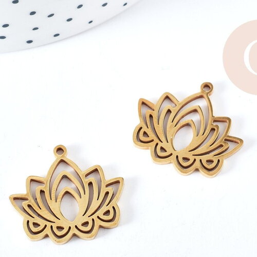 Pendentif fleur de lotus acier 201 inoxydable doré 27mm, création bijoux acier inoxydable, x1 (g8726)