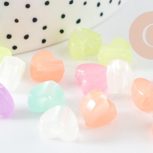 Perle coeur plastique acrylique multicolore plastel phosphorescent 12mm, x20 (g9359)