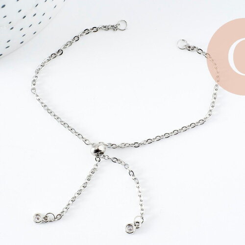 Base de bracelet réglable chaine forçat acier inoxydable platine finition zircon 2mm/ 26.6cm, x1 (g10230)