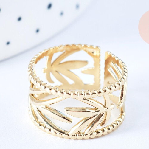 Bague réglable feuille acier doré taille 54, x1 (g6603)