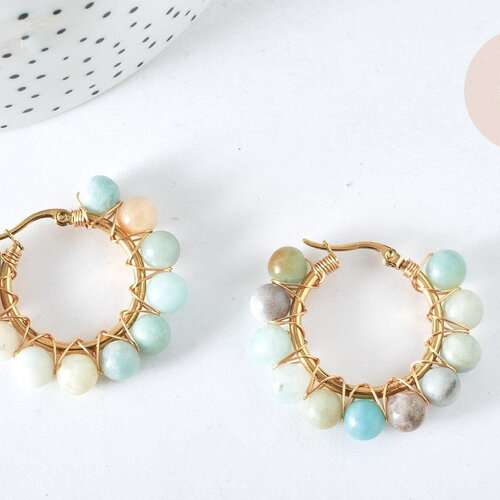 Créoles amazonite naturelle ronde acier doré 32.5mm, idée cadeau femme, la paire, (g7399)
