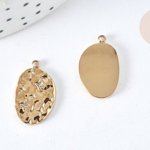 Pendentif ovale étoilé cristal blanc acier inoxydable 304 doré à graver 19mm, x1 (g7497)