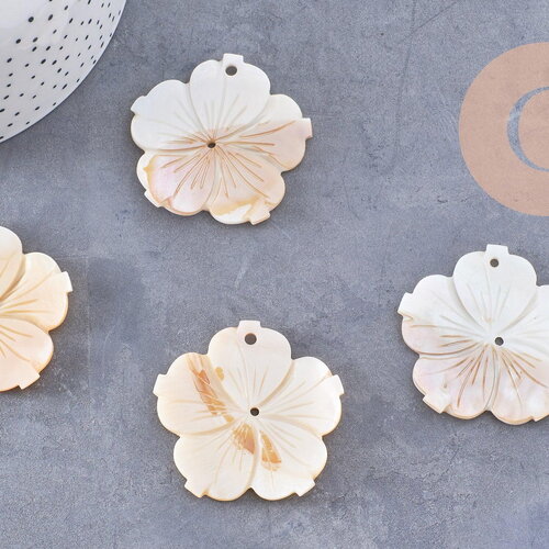 Pendentif fleur nacre blanche naturelle 48mm, x2 (g10227)