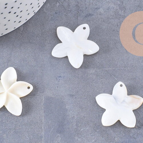 Pendentif fleur à pétales nacre blanche naturelle 31-34.5mm, x2 (g10226)