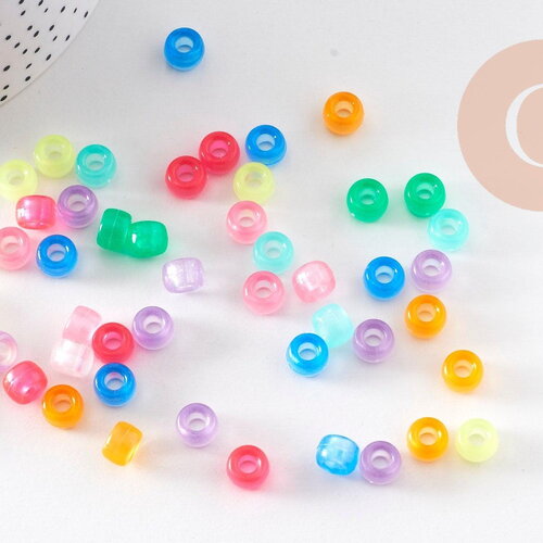 Perle rondelle en plastique translucide phosphorescente multicolore 9mm, x50 (g6404)