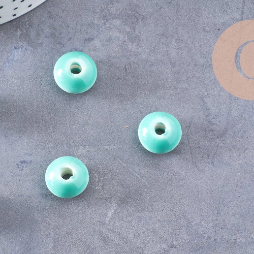 Perle porcelaine rondelle émail turquoise 12x7mm, création bijoux céramique, x10 (g7479)