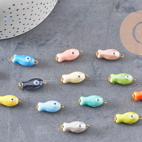 Pendentif poisson porcelaine multicolore acier 304 inoxydable doré 25mm, x1 (g9816)
