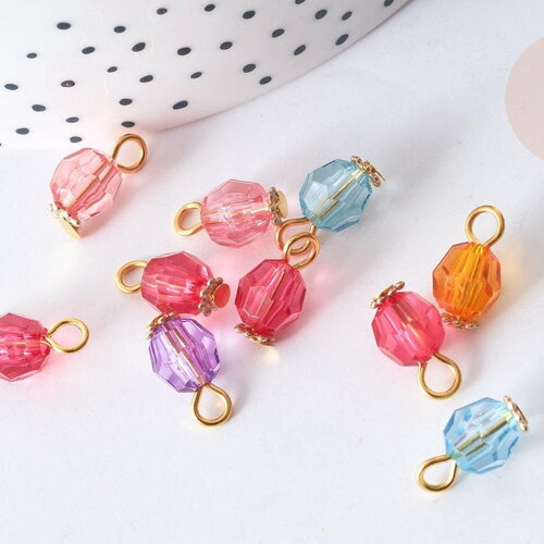 Pendentif rond acrylique couleur mixte fer doré 13~13,5mm, perle acrylique, x10 (g7882)