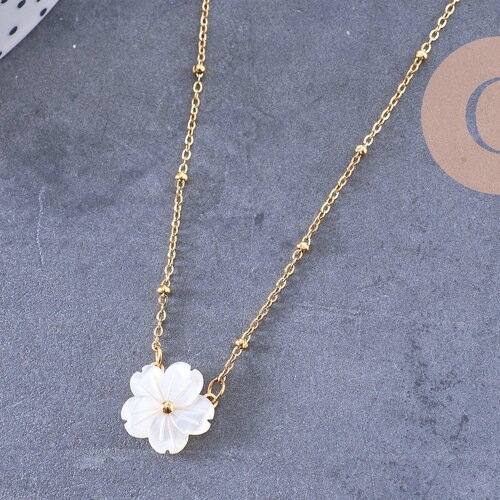 Collier collier fleur nacre naturelle chaine acier inoxydable doré pvd 18k 45cm, x1 (10581)