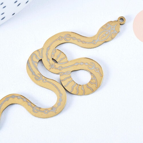 Pendentif serpent gravé acier 201 inoxydable doré 34.5mm, x1 (g6015)