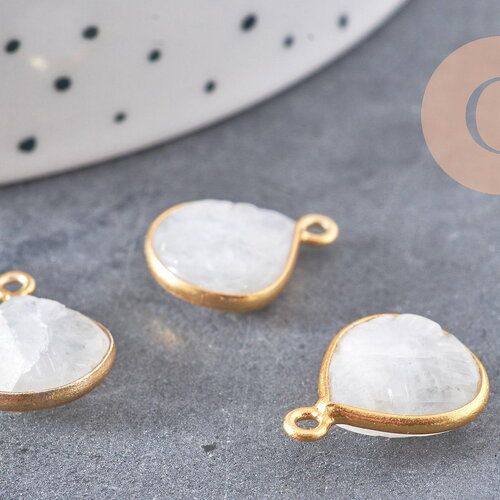 Pendentif goutte pierre de lune naturelle scuptée argent 925 doré 18k 14mm, x1 (g10841)