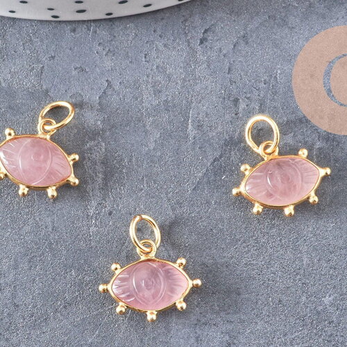 Pendentif oeil quartz rose naturel argent 925 doré 18k 15mm, x1 (g10849)