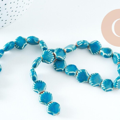 Perles coquillage porcelaine vert bleu 13.5mm, x1 fil de 30cm (g10733)
