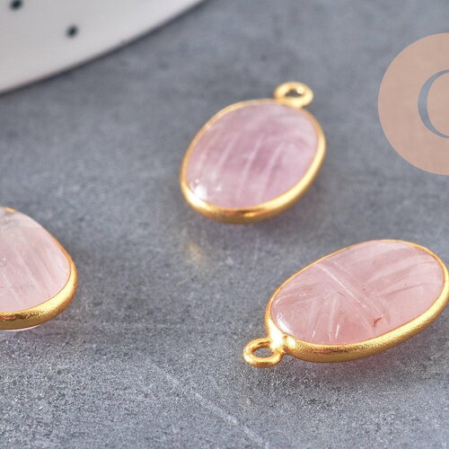 Pendentif scarabée quartz rose naturel argent 925 doré 18k 20mm, x1 (g10853)