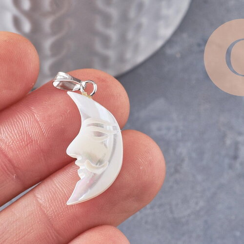 Pendentif lune visage nacre blanche naturelle laiton platine 22-28mm, création bijoux coquillage blanc, x1 (g9917)