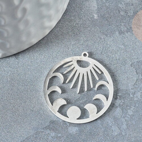 Pendentif rond lune et soleil argenté acier inoxydable 30mm x1 (g7609)